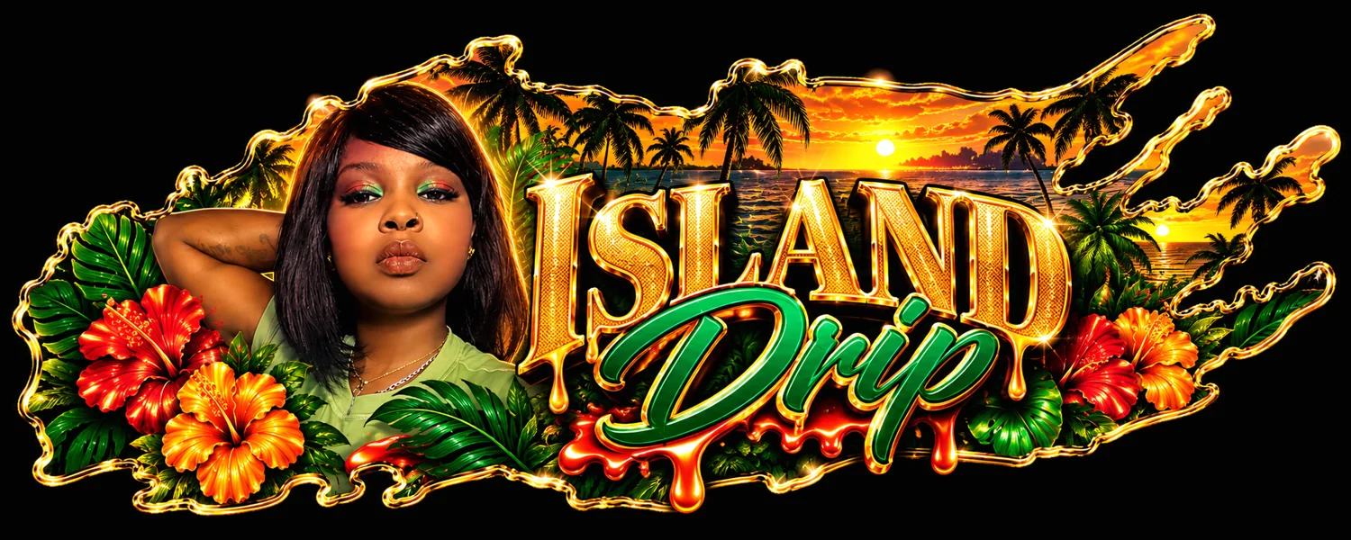 Island Drip's existing gold tropical brand artwork with palms, hibiscus and a portrait