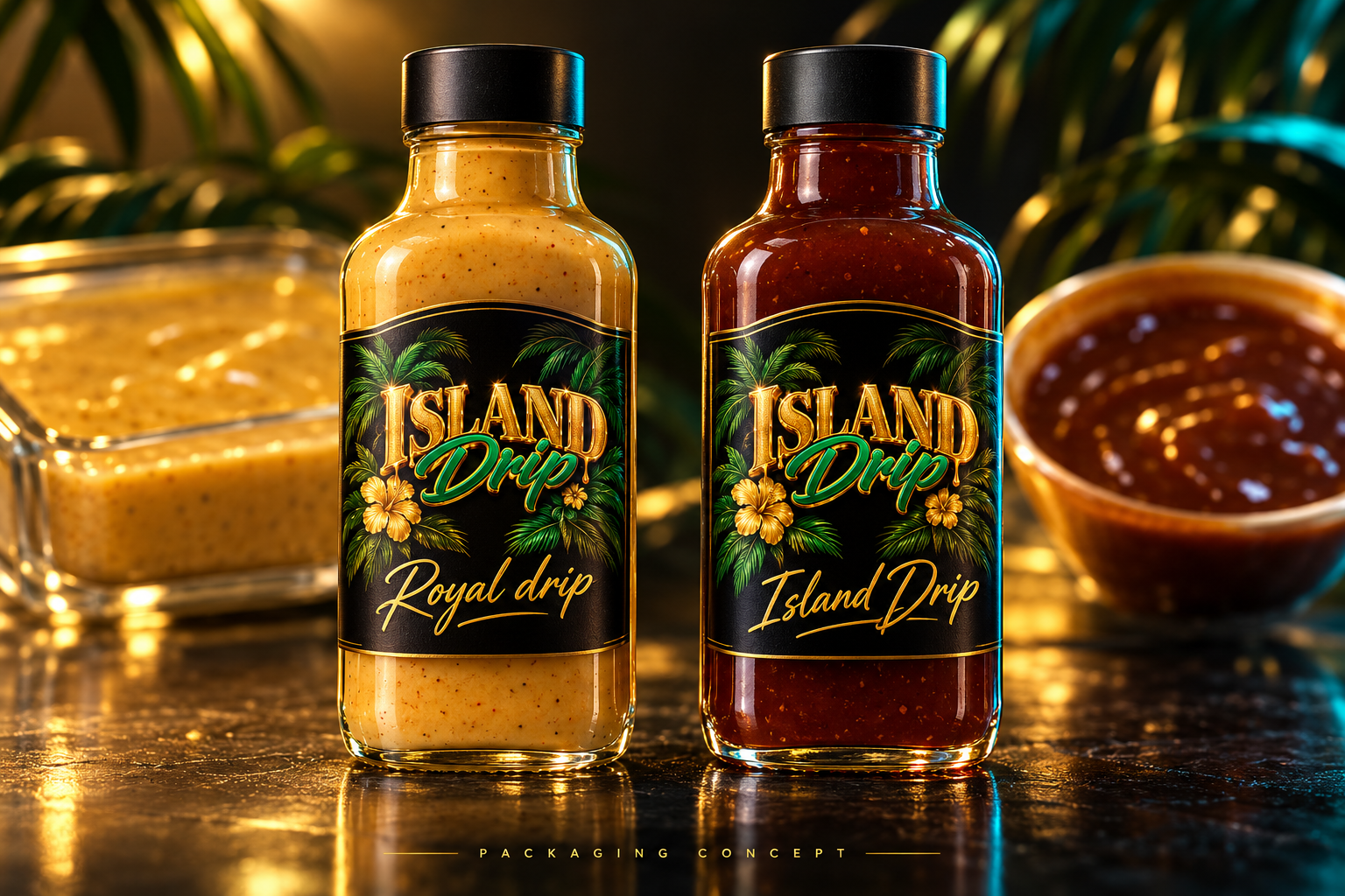 Packaging concept, not current packaging: branded golden Royal drip and rich dark Island Drip bottles in front of softly blurred sauces